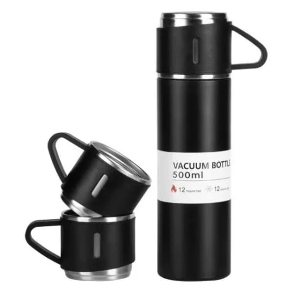 Stainless Steel 500ml Hot & Cool Water Bottle With 2-Cups ( Random Colors Will Be Sent )