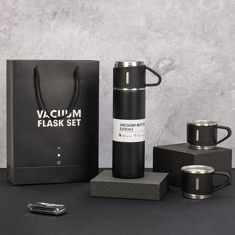 Stainless Steel 500ml Hot & Cool Water Bottle With 2-Cups ( Random Colors Will Be Sent )