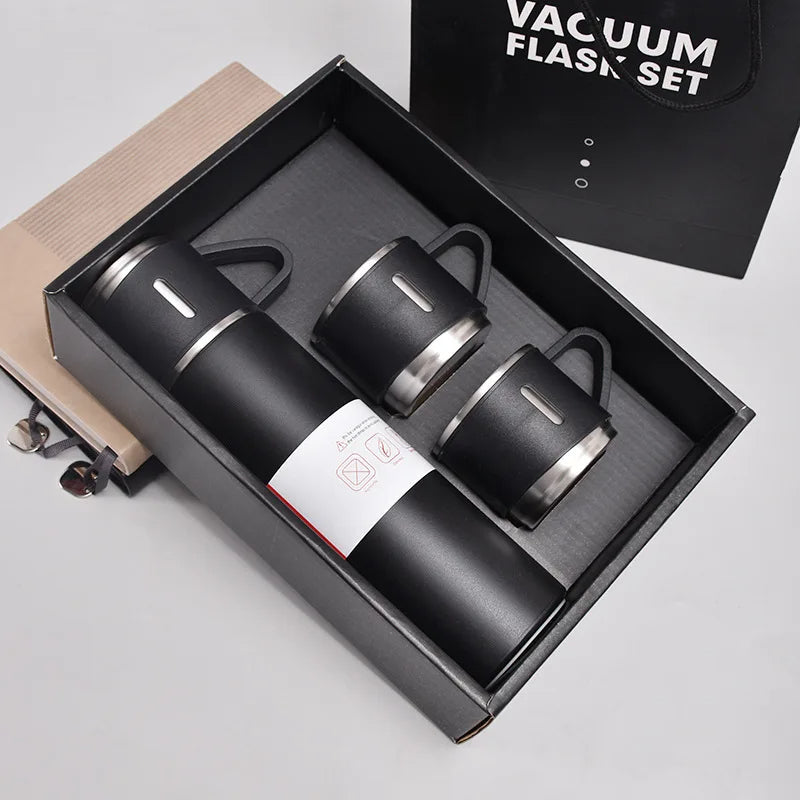 Stainless Steel 500ml Hot & Cool Water Bottle With 2-Cups ( Random Colors Will Be Sent )
