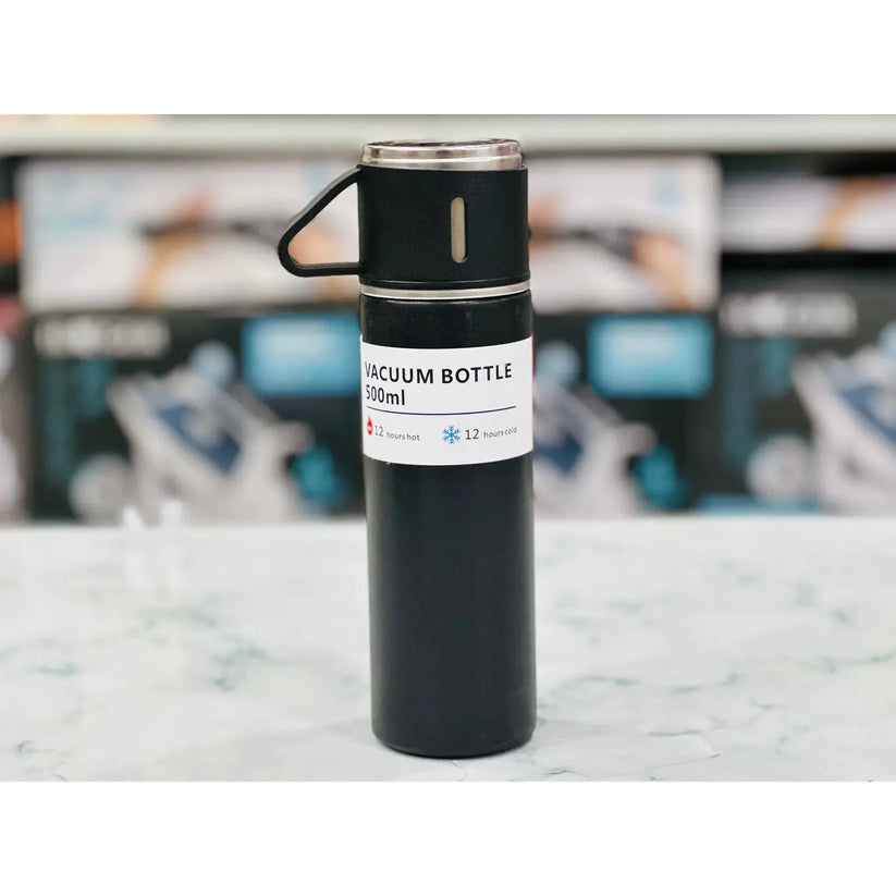 Stainless Steel 500ml Hot & Cool Water Bottle With 2-Cups ( Random Colors Will Be Sent )
