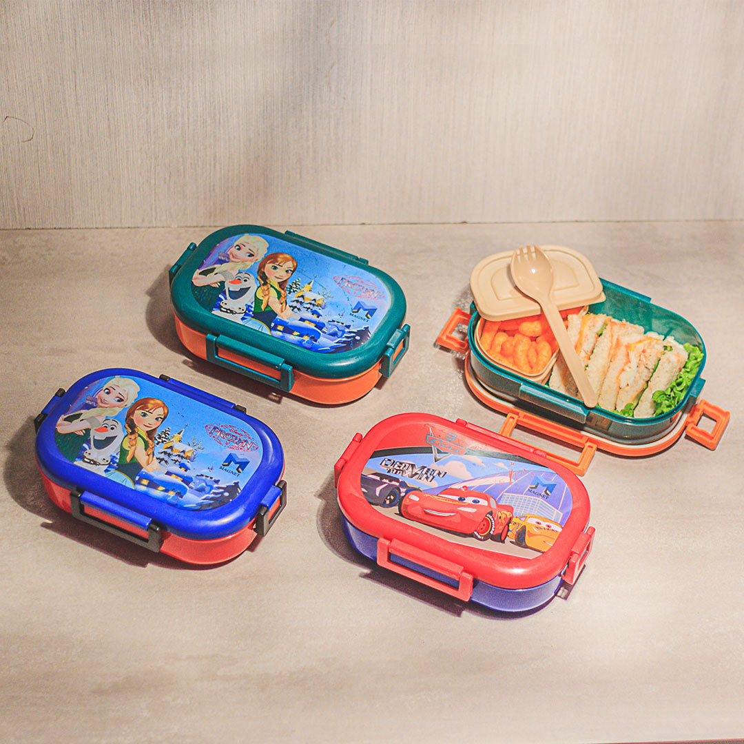 Appollo Kids Magnet School Plastic Tiffin & Lunch-Box With Spoon ( Random Colors )