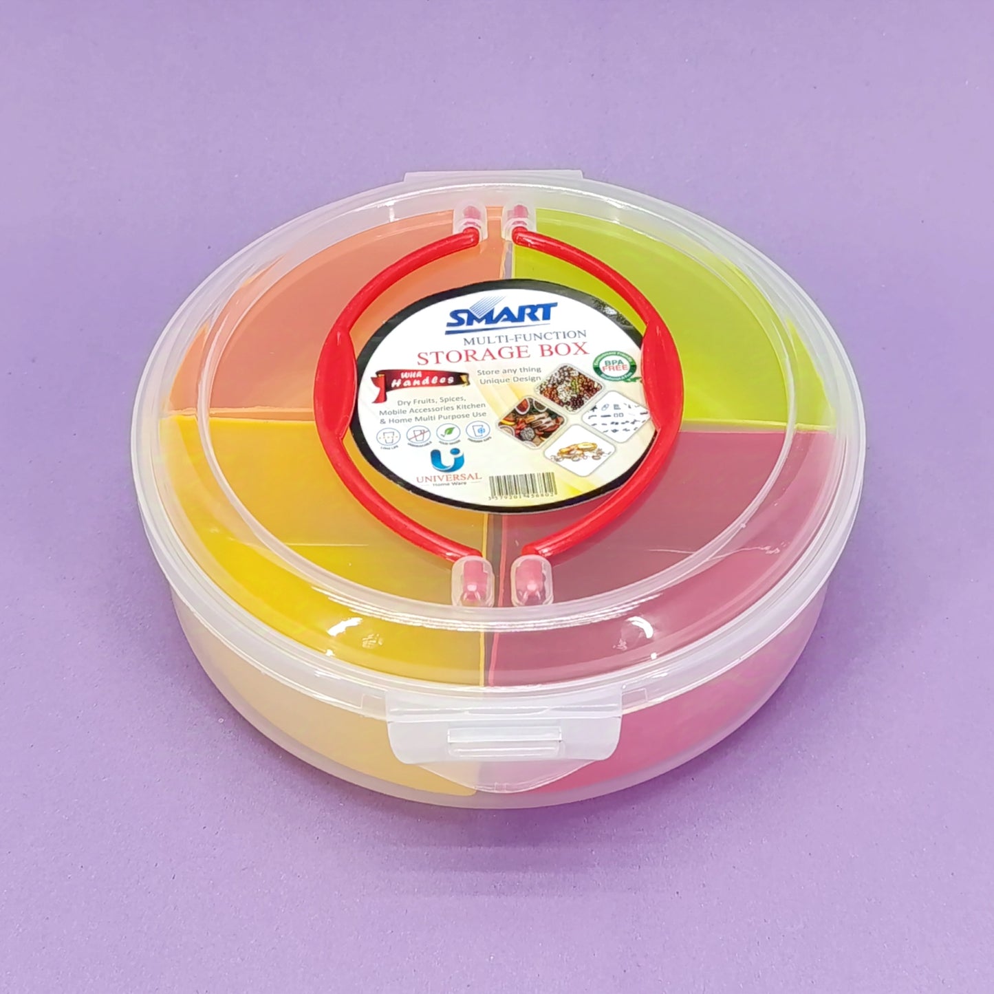 Smart Multi-Function Round Shape 4-Section Plastic Spices Organizer Masala & Dry-Fruit Box