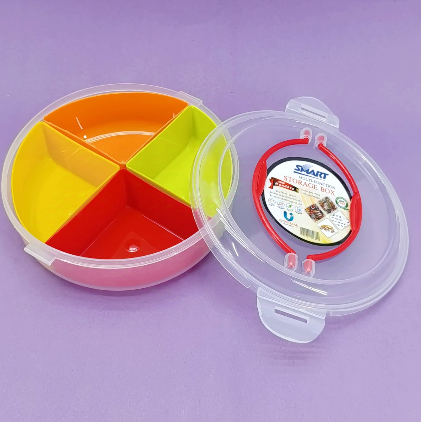 Smart Multi-Function Round Shape 4-Section Plastic Spices Organizer Masala & Dry-Fruit Box