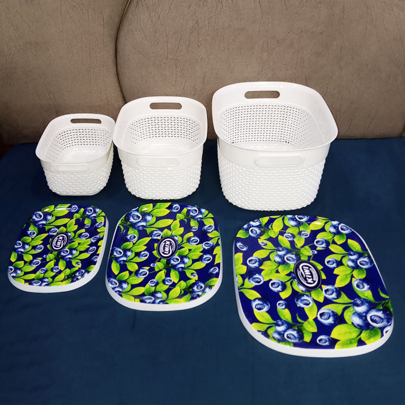 Kiwi Printed Pack Of 3Pcs Rectangle Shape Plastic Basket Set With Top Cover ( Random Prints )