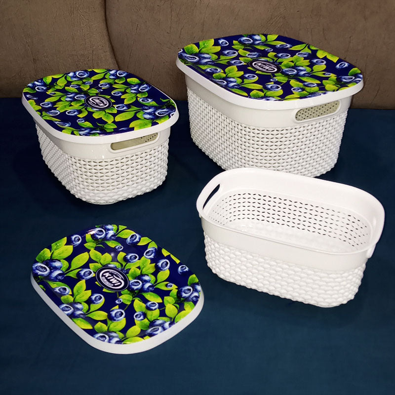 Kiwi Printed Pack Of 3Pcs Rectangle Shape Plastic Basket Set With Top Cover ( Random Prints )