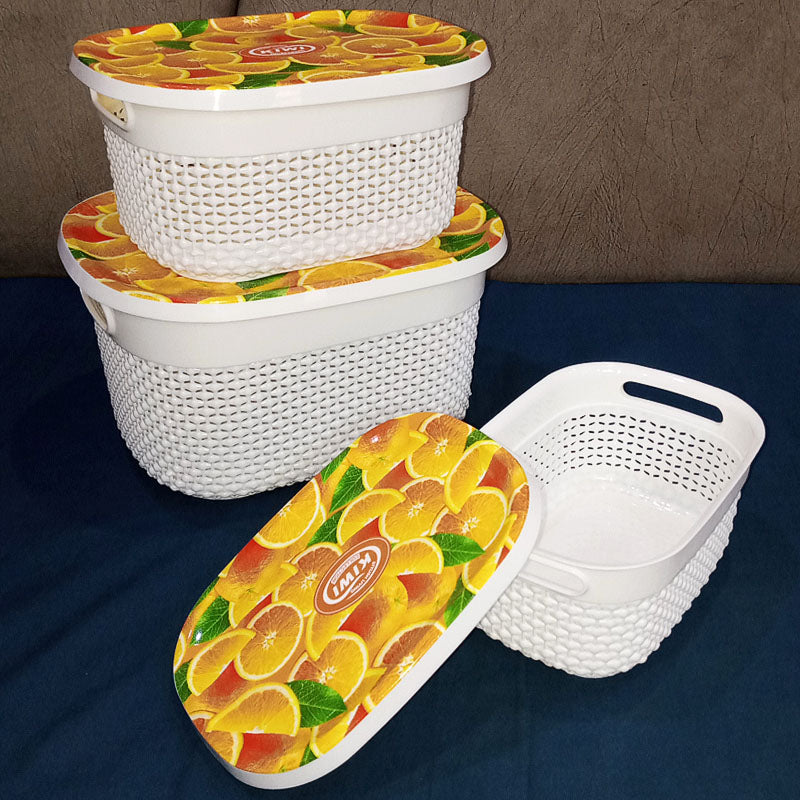 Kiwi Printed Pack Of 3Pcs Rectangle Shape Plastic Basket Set With Top Cover ( Random Prints )