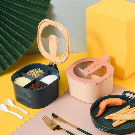 Maxware 4-Section Plastic Spices Organizer Partition Box Mug With Spoon ( Random Colors Will Be Sent )