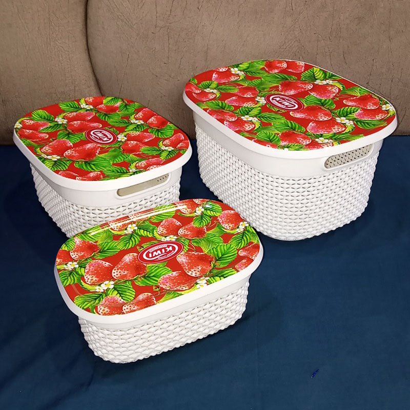 Kiwi Printed Pack Of 3Pcs Rectangle Shape Plastic Basket Set With Top Cover ( Random Prints )