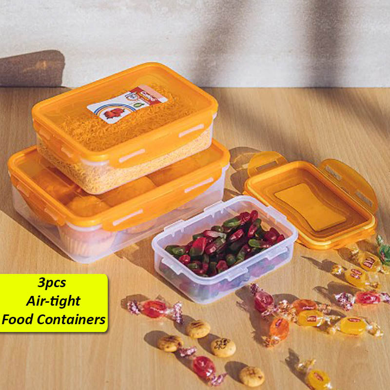 Appollo Cafee Pack Of 3pcs Plastic Rectangle Air-Tight 3pcs Bowl Food Keeper Container Set ( Random Colors )