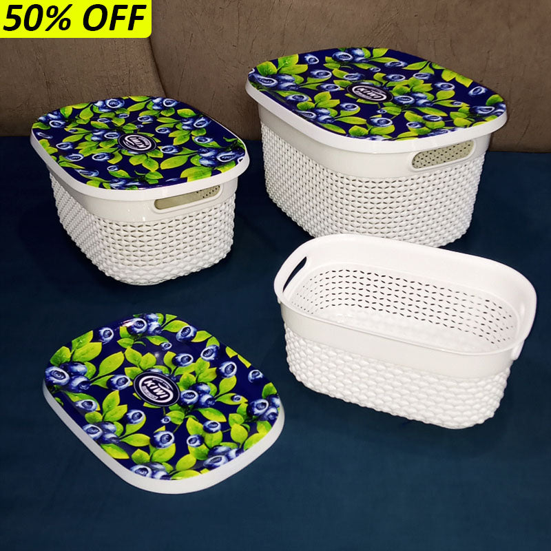 Kiwi Printed Pack Of 3Pcs Rectangle Shape Plastic Basket Set With Top Cover ( Random Prints )