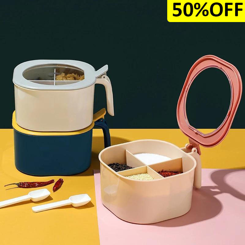Maxware 4-Section Plastic Spices Organizer Partition Box Mug With Spoon ( Random Colors Will Be Sent )