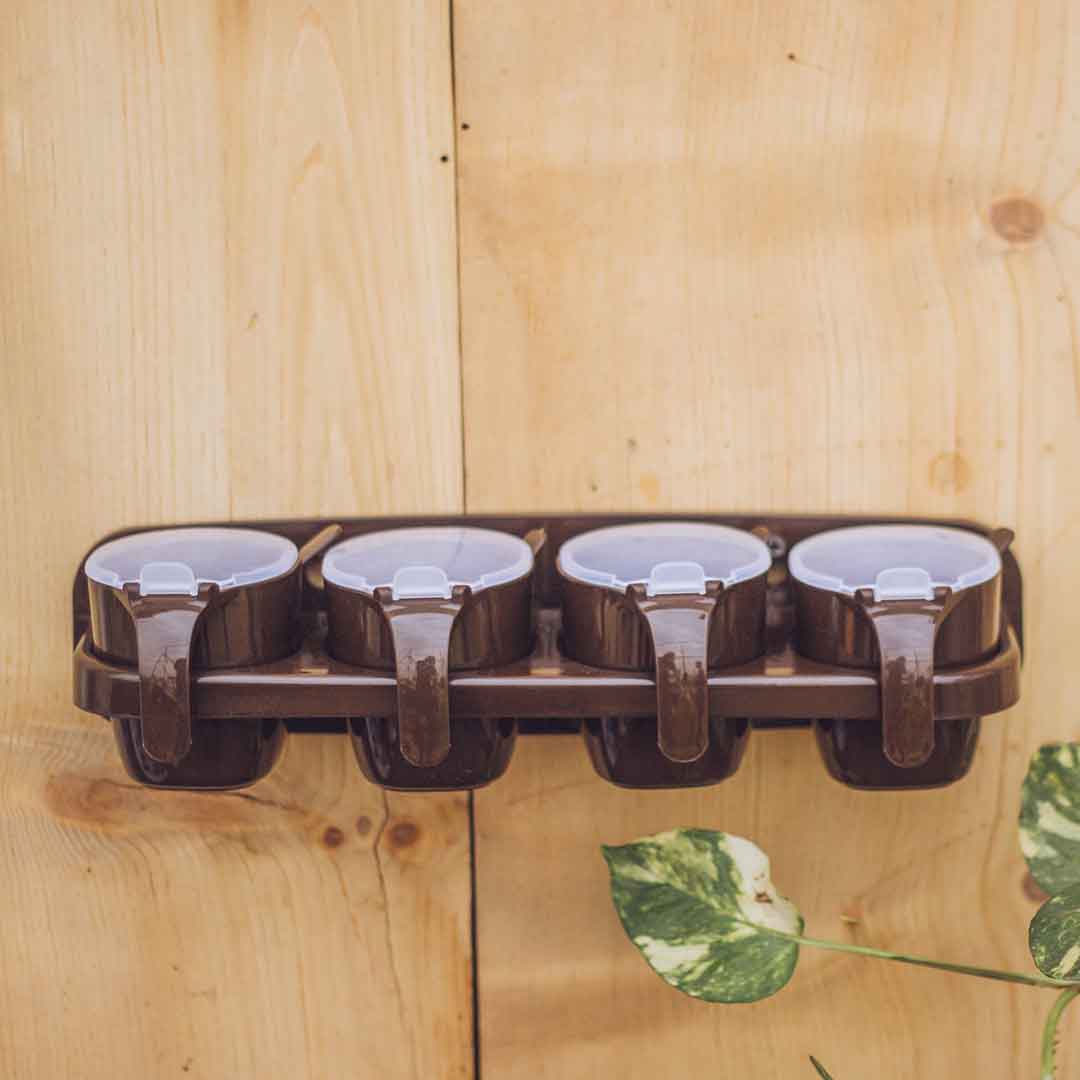 Appollo Sticky Wall-Mount Spices Organizer Rack ( White Brown Mix Color )