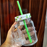 Green Apple Glass 450ml Mason Jar With Straw Cold-Drink & Juice Jar ( Random Colors Will Be Sent )