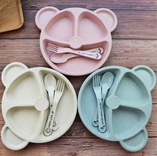 Pack Of 5pcs Medium Size Multicolor Portable Kids Portion Plate Set With Spoon & Forks