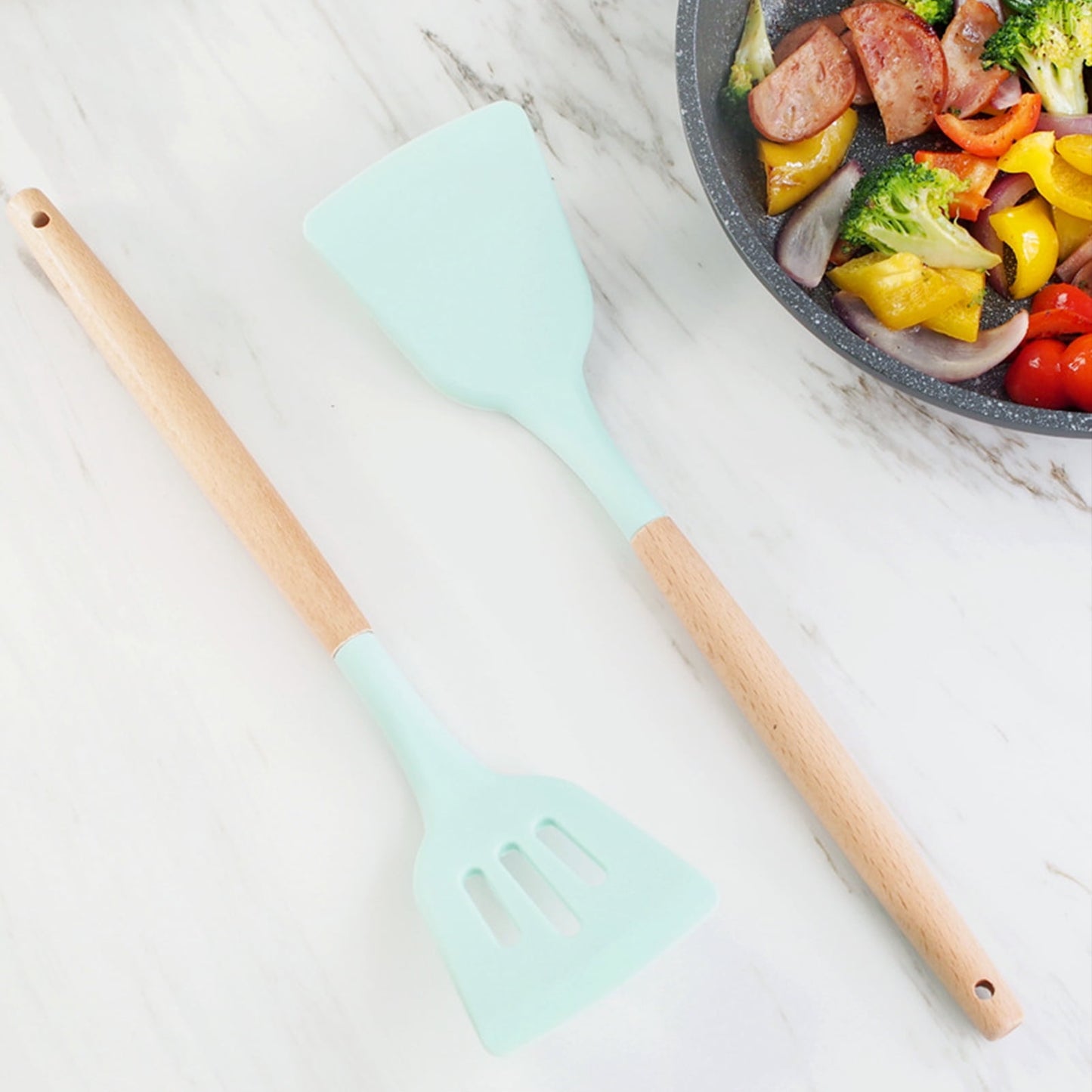 Silicon Heavy-Duty Kitchen Spatula or Spoon With Wooden Handle ( Random Colors Will Be Sent )