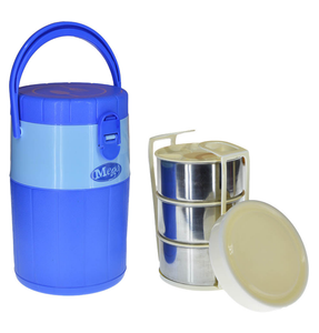 Mega Lunch Carrier & Tiffin 3-Stainless Steel Bowls With Plastic Salad Bowl ( Random Colors Will Be Sent )