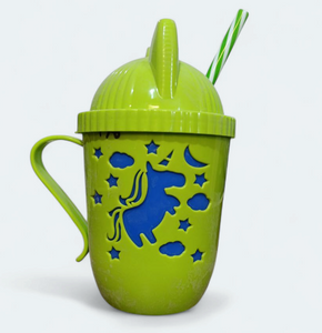 Kids Round Shape 250ml Juice & Drinking Plastic Mug With Cover & Straw( Multiple Colours Will be Sent)