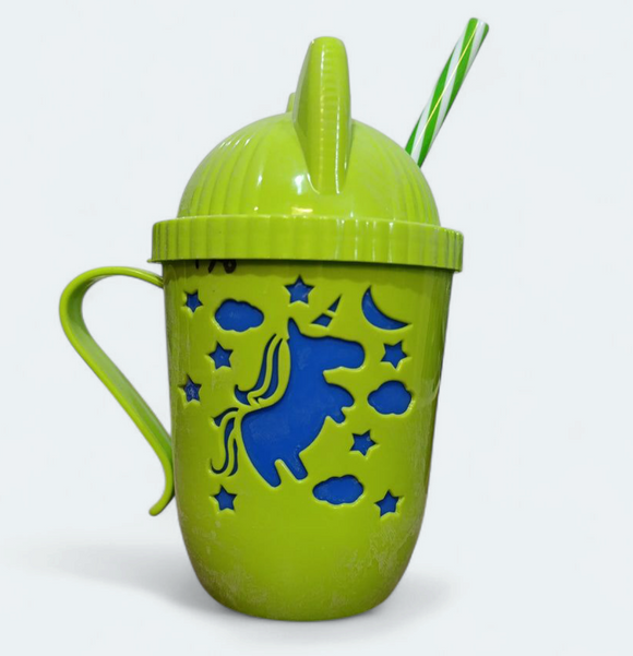 Kids Round Shape 250ml Juice & Drinking Plastic Mug With Cover & Straw( Multiple Colours Will be Sent)