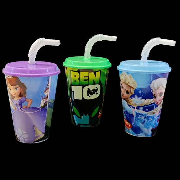 Character 300ml Juice & Drinking Plastic Glass With Cover & Straw ( Random Colors & Design Will Be Sent )