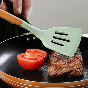 Silicon Heavy-Duty Kitchen Spatula or Spoon With Wooden Handle ( Random Colors Will Be Sent )