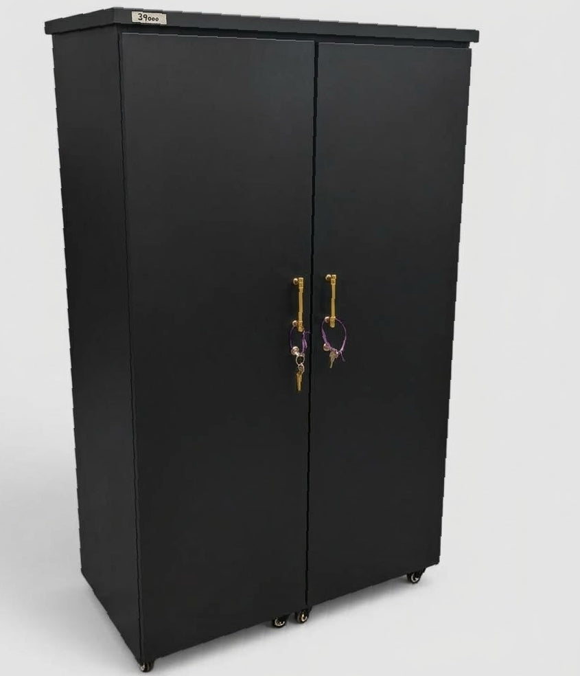 Movable Wheels Storage Double Door Cupboard Almirah Shelves Hanging Rod & One Drawer