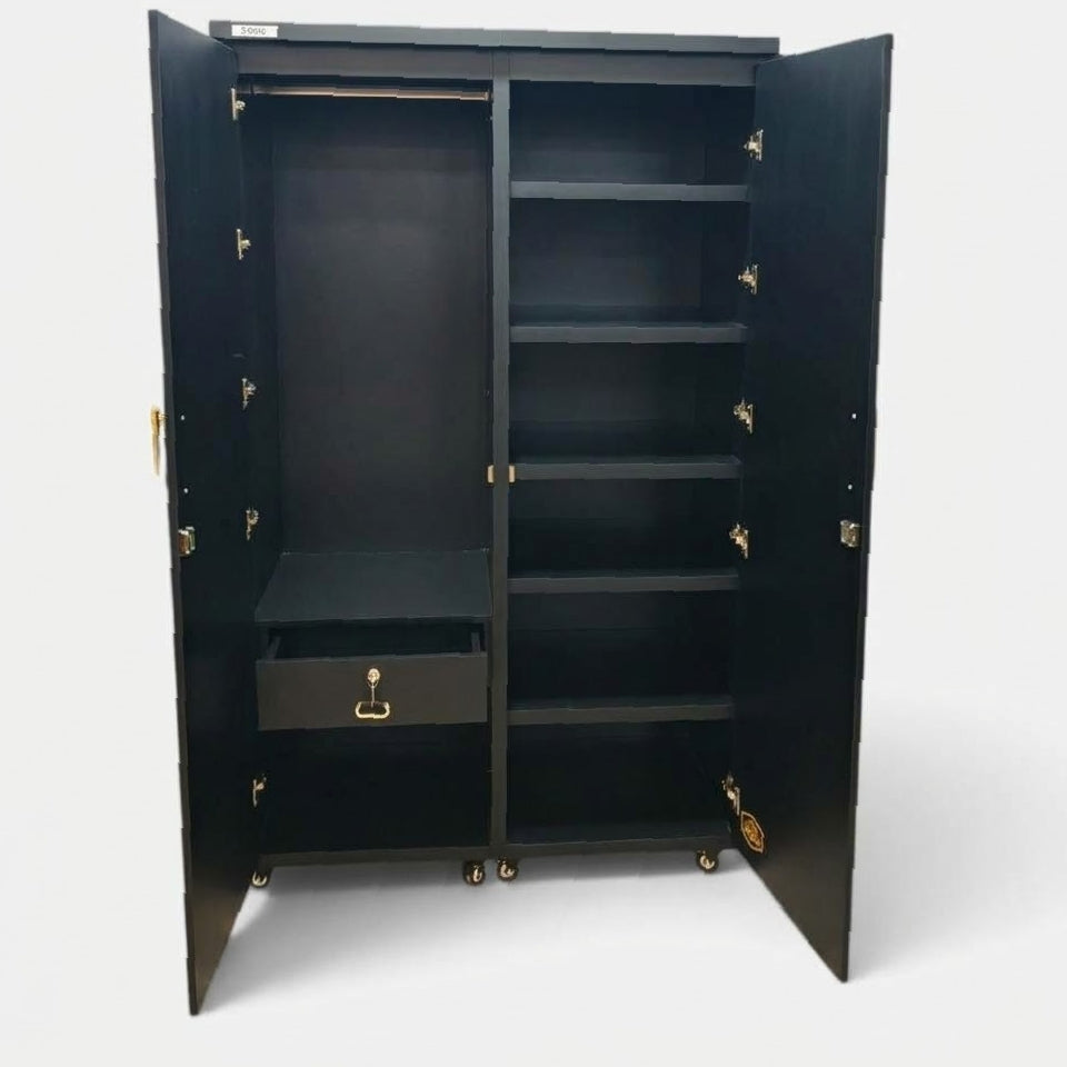 Movable Wheels Storage Double Door Cupboard Almirah Shelves Hanging Rod & One Drawer