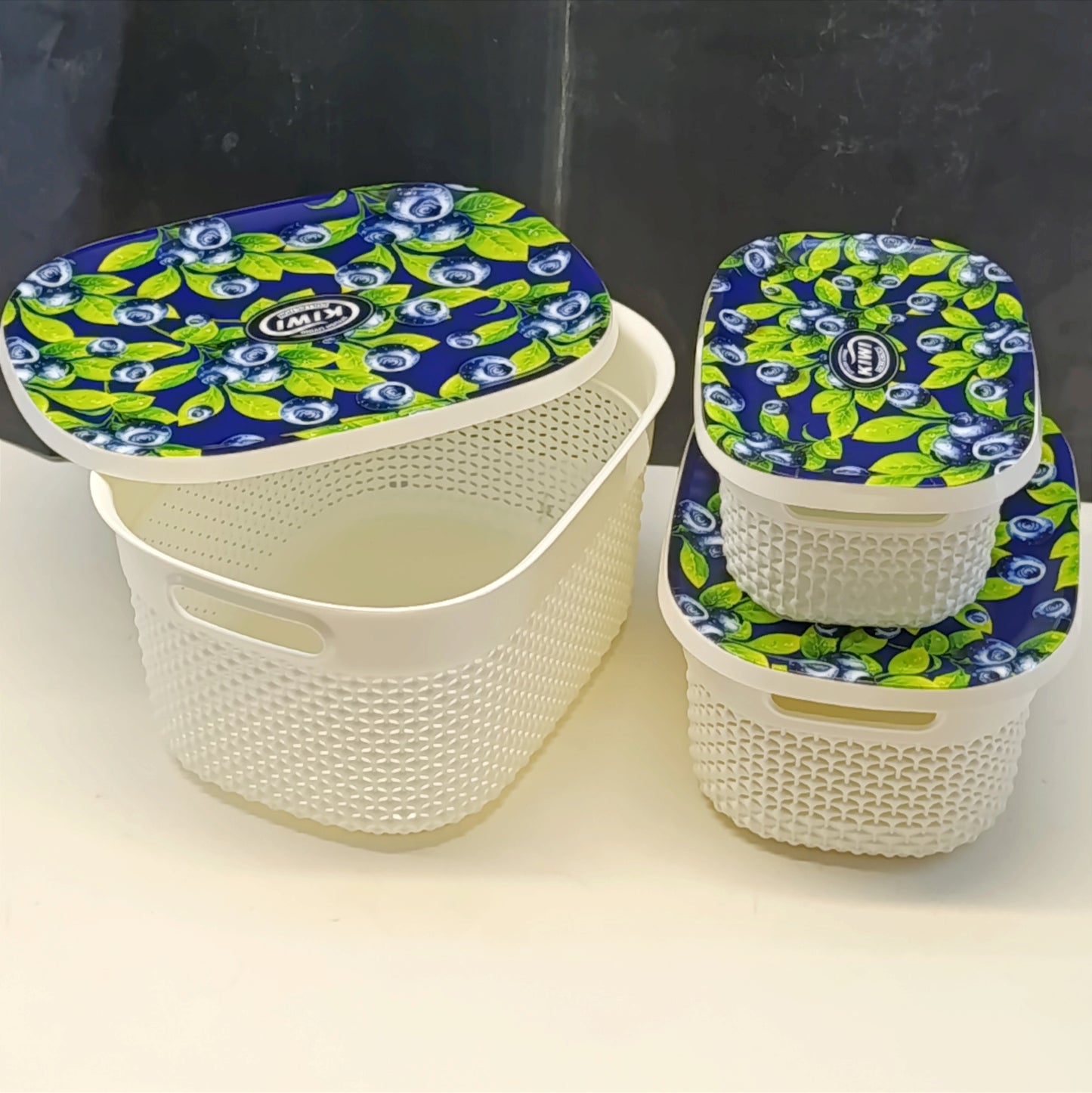 Kiwi Printed Pack Of 3Pcs Rectangle Shape Plastic Basket Set With Top Cover ( Random Prints )