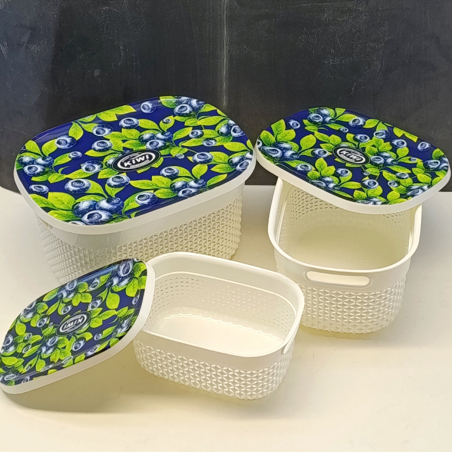 Kiwi Printed Pack Of 3Pcs Rectangle Shape Plastic Basket Set With Top Cover ( Random Prints )