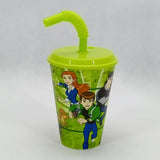 Kids Round Shape 300ml Juice & Drinking Plastic Glass With Cover & Straw( Multiple Colours Will be Sent)