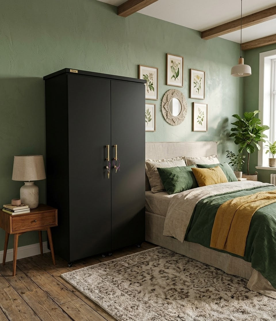 Movable Wheels Storage Double Door Cupboard Almirah Shelves Hanging Rod & One Drawer