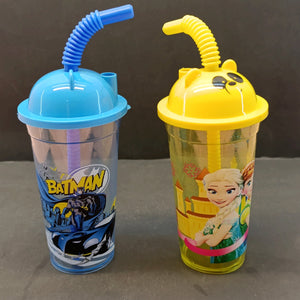 Character 400ml Juice & Drinking Plastic Glass With Cover & Straw ( Random Colors & Design )