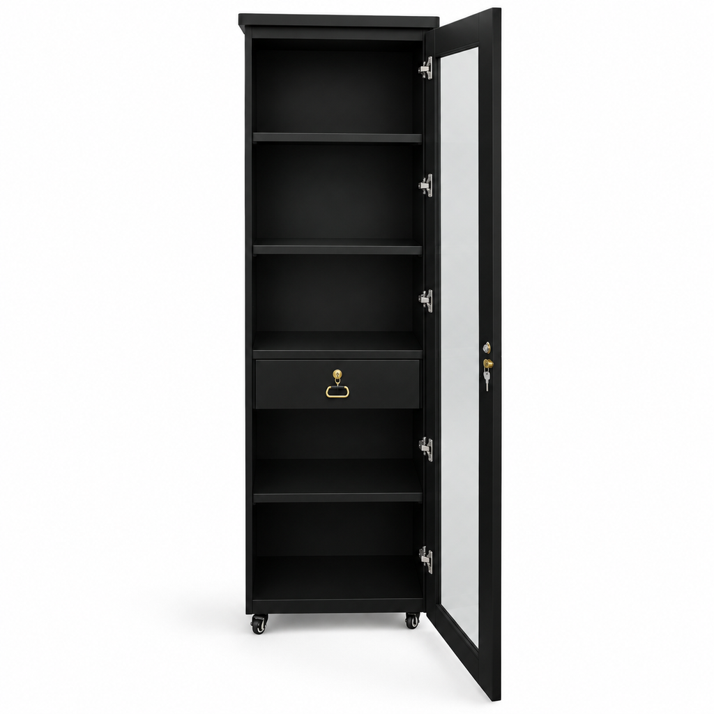 Movable Wheels Single Door  Storage Cupboard Divider Almirah With Drawer & Removable Adjustable Shelves