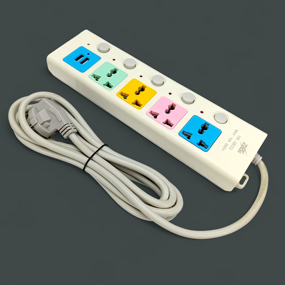 Zeus Electric 3-Meters Wire Extension Lead With 2 USB-Charging Sockets and 4 Pin Sockets
