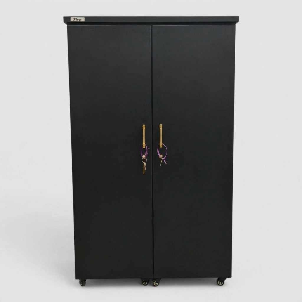 Movable Wheels Storage Double Door Cupboard Almirah Shelves Hanging Rod & One Drawer