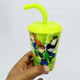 Kids Round Shape 300ml Juice & Drinking Plastic Glass With Cover & Straw( Multiple Colours Will be Sent)