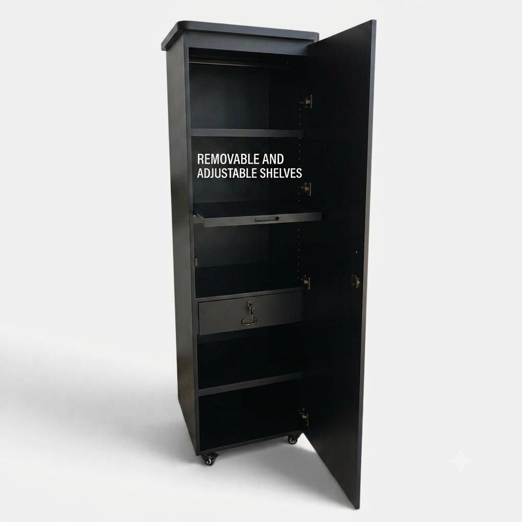 Movable Wheels Storage Cupboard Almirah With Removable Adjustable Shelves & Hanging Rod