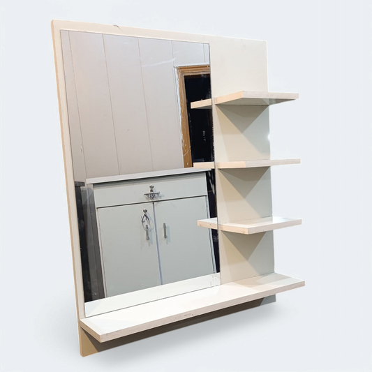 Wall Mount Home Decor Laminated Wooden Mirror With Side Shelves (Off-White Color)
