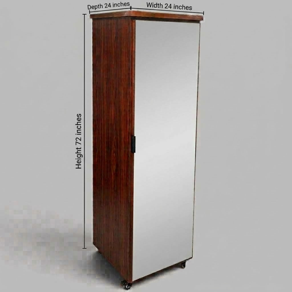 Movable Wheels Storage Mirro Front Cupboard Almirah With Removable Adjustable Shelves & Hanging Rod