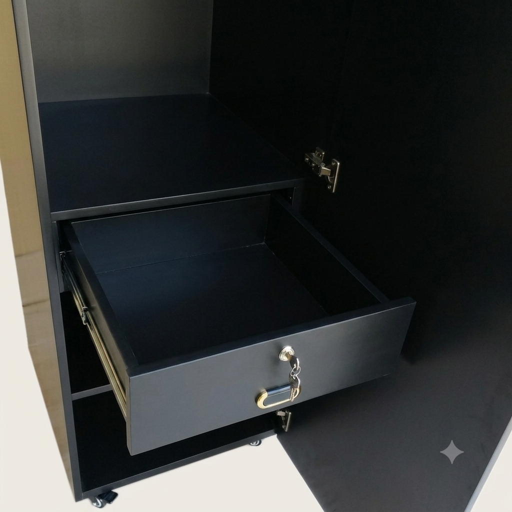Movable Wheels Storage Cupboard Almirah With Removable Adjustable Shelves & Hanging Rod