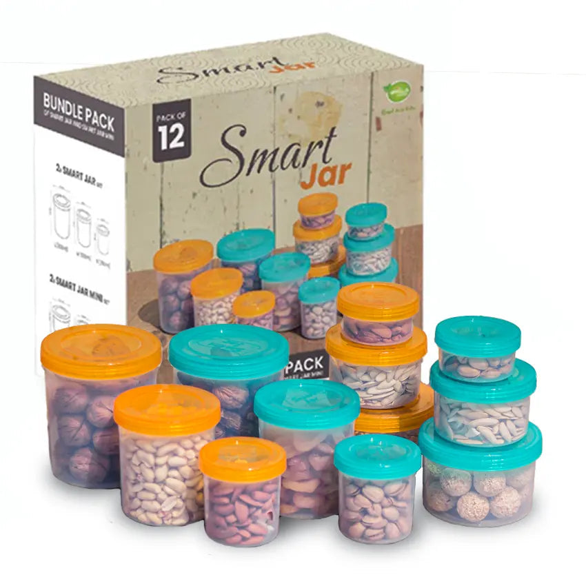 Appollo Bundle Pack Of 12pcs Medium & Small Size Plastic Heavy-Duty Food Jar Set ( Random Colors )