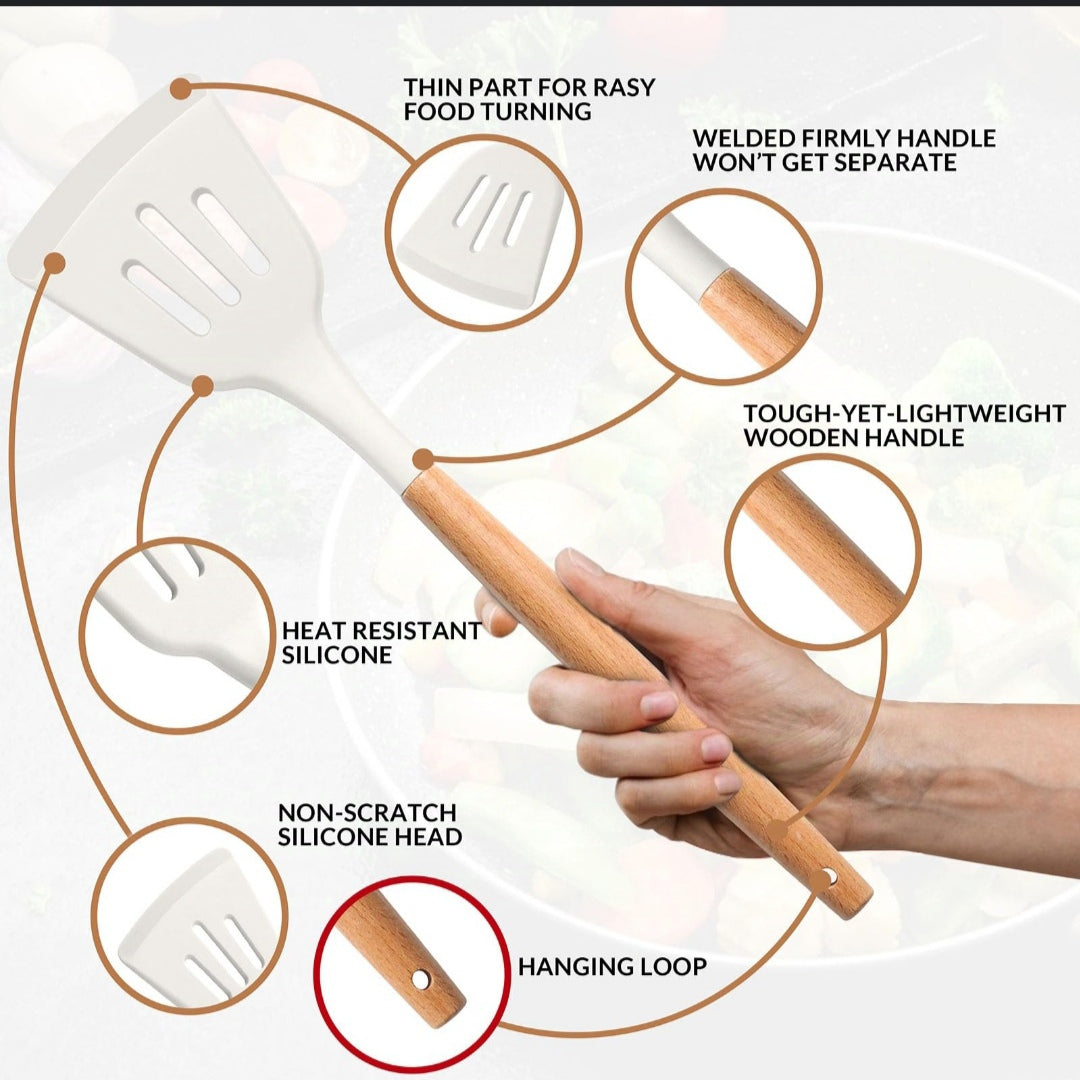 Silicon Heavy-Duty Kitchen Spatula or Spoon With Wooden Handle ( Random Colors Will Be Sent )