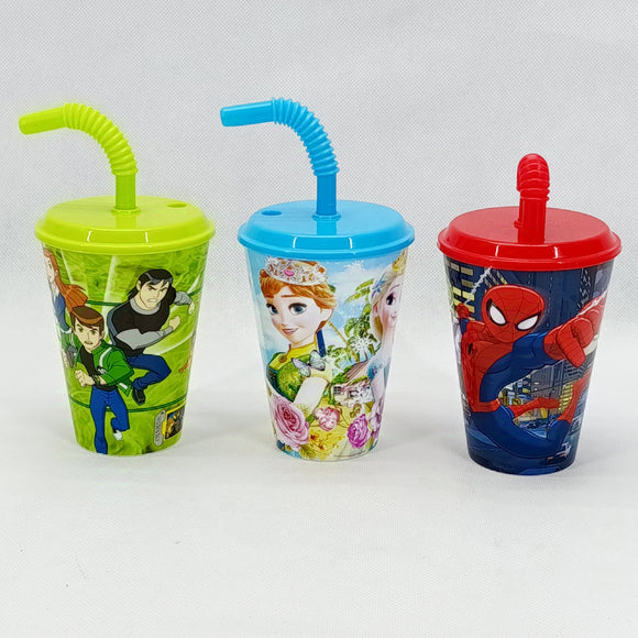 Kids Round Shape 300ml Juice & Drinking Plastic Glass With Cover & Straw( Multiple Colours Will be Sent)