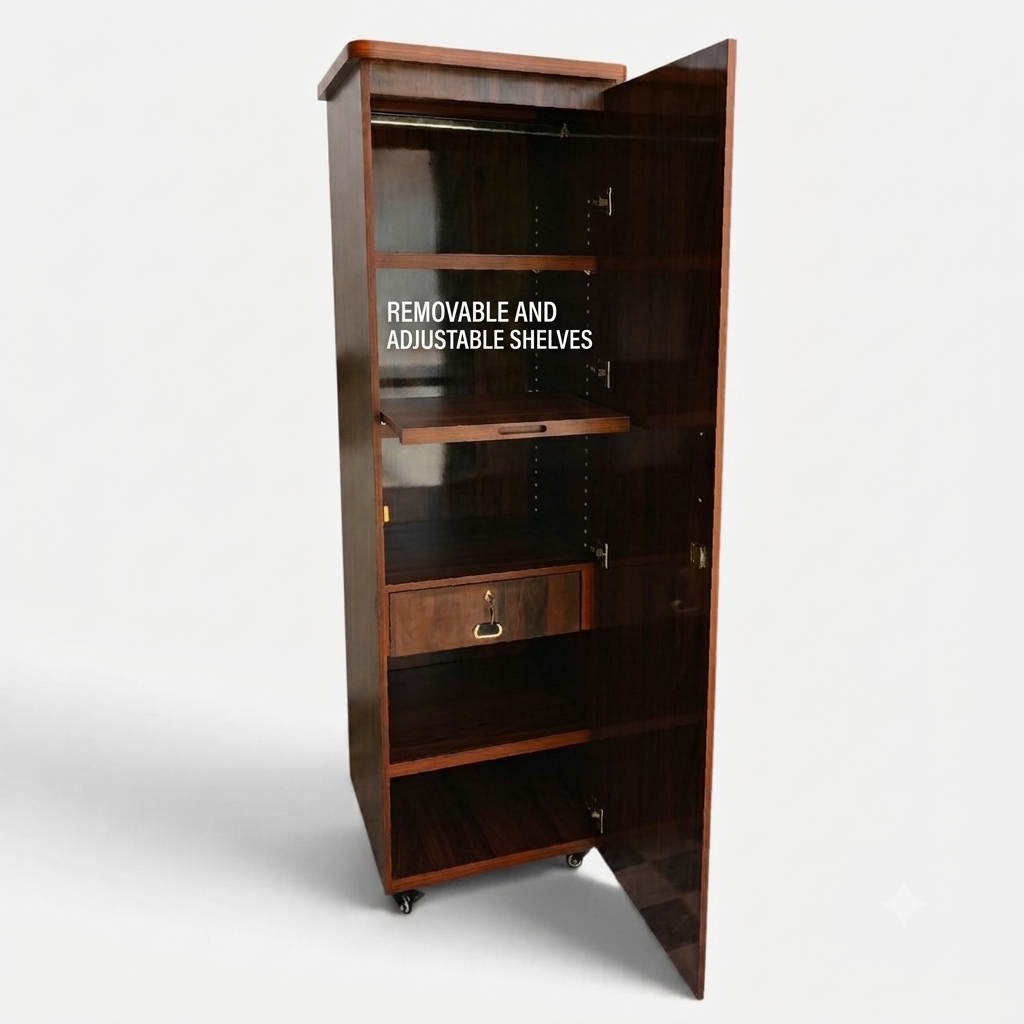 Movable Wheels Storage Cupboard Almirah With Removable Adjustable Shelves & Hanging Rod.