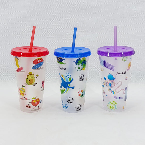 Omega Joyful Kids Round Shape 500ml  Juice & Drinking Plastic Glass With Cover & Straw( Random Colours Will be Sent)