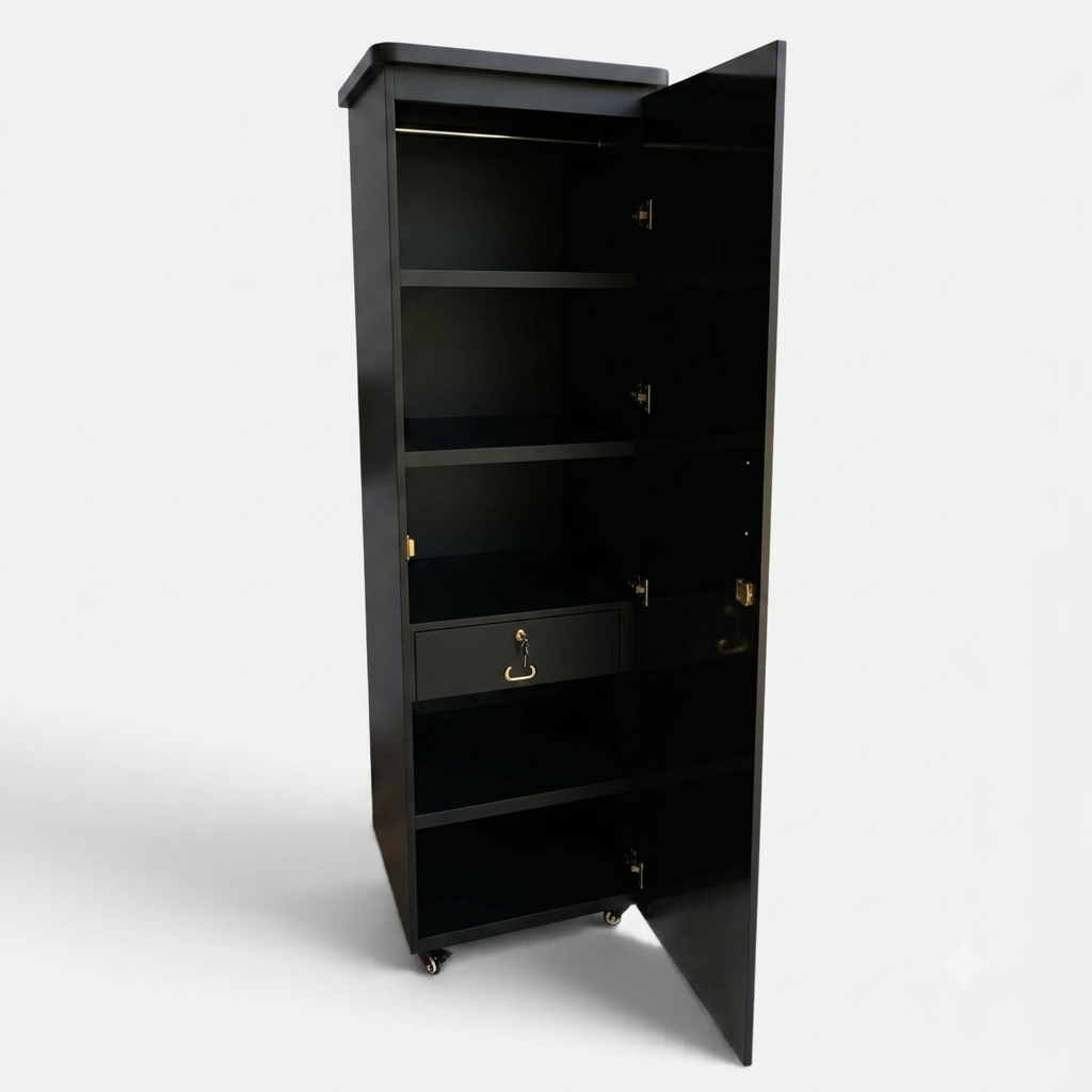 Movable Wheels Storage Cupboard Almirah With Removable Adjustable Shelves & Hanging Rod