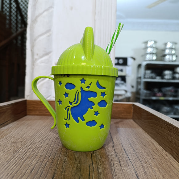 Kids Round Shape 250ml Juice & Drinking Plastic Mug With Cover & Straw( Multiple Colours Will be Sent)