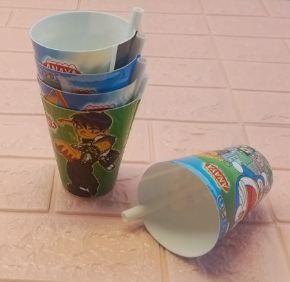 Kids' Character 250ml Plastic Juice Glass With Straw ( Random Colors Will Be Sent )