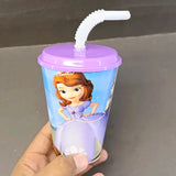 Character 300ml Juice & Drinking Plastic Glass With Cover & Straw ( Random Colors & Design Will Be Sent )