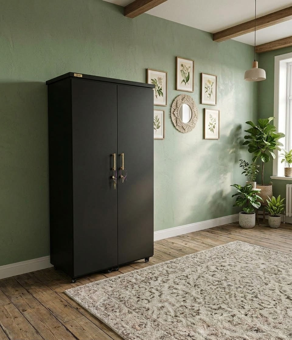 Movable Wheels Storage Double Door Cupboard Almirah Shelves Hanging Rod & One Drawer