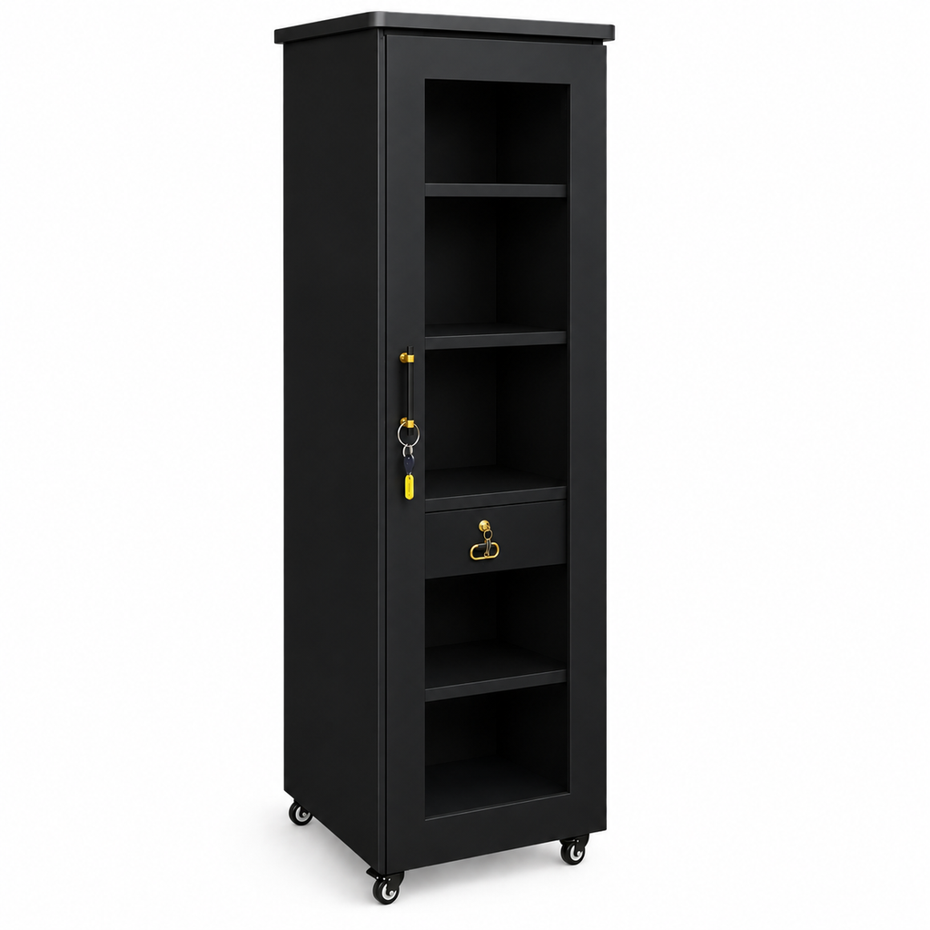 Movable Wheels Single Door  Storage Cupboard Divider Almirah With Drawer & Removable Adjustable Shelves